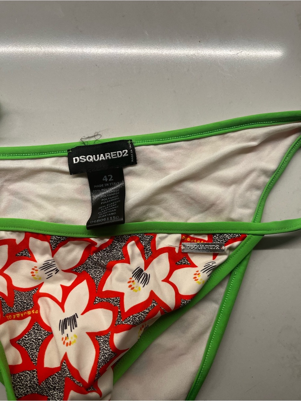 DSQUARED2 White Bikini with Neon Green Trim and Multicolor Print - Picture 4 of 4